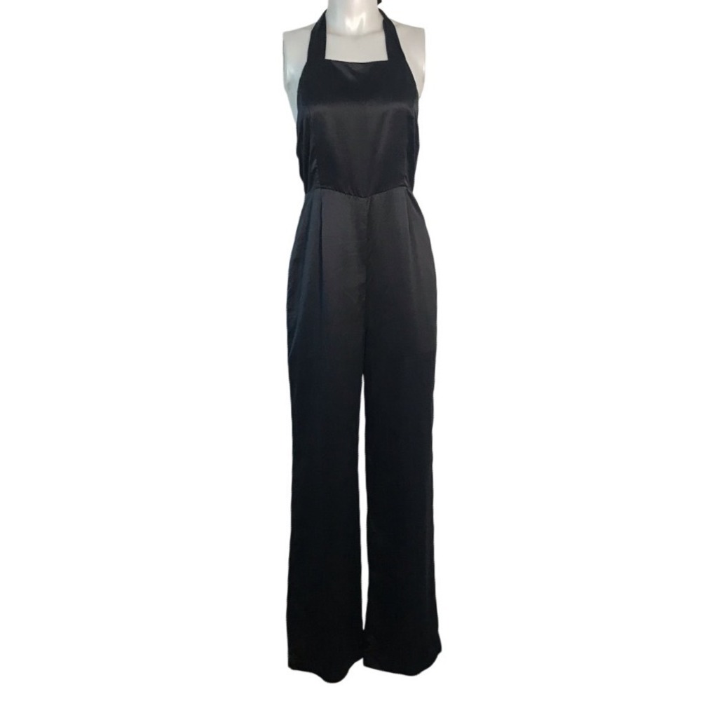 NASTY GAL BLACK‎ SATIN WIDE LEG HALTER JUMPSUIT Size Small
